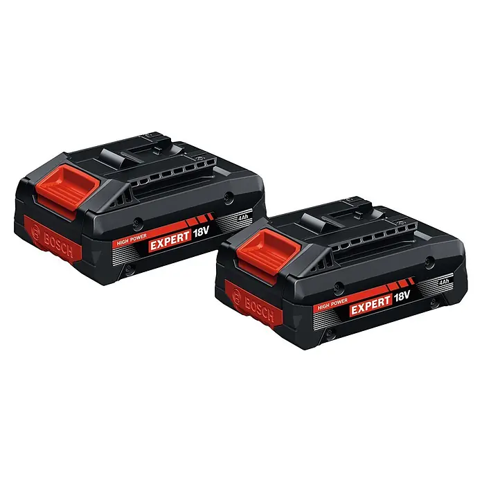 Bosch Professional AMPShare 18V Akku EXBA 18V-40 - 18 V, 4 Ah, 2 Akkus - Zwei schwarze Bosch Expert 18V 4Ah High Power Akkus mit roten Akzenten, für Elektrowerkzeuge.
