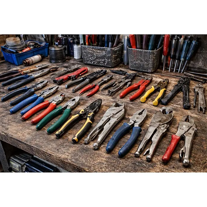 Tayg Alicates para baldosas Build - Polipropileno - Un surtido de alicates y herramientas manuales de metal con mangos de colores, dispuestos sobre un banco de madera.