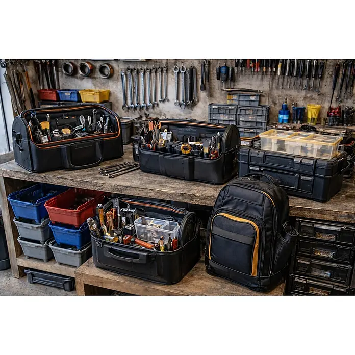 Stanley Cinturón - 126 cm - Bolsas y estuches de herramientas negros llenos de herramientas, organizados en un banco de madera en un taller.
