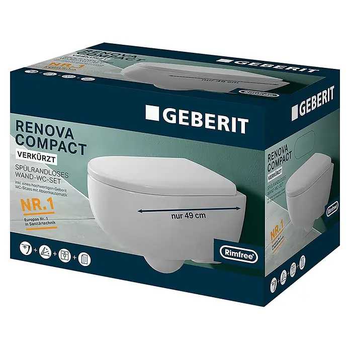 Geberit Renova Compact Wand-WC-Set - Spülrandlos, Ohne Spezialglasur, Spülform: Tief, WC Abgang: Waagerecht, Weiß - Verpacktes weißes Geberit Renova Compact spülrandloses Wand-WC-Set, 49 cm tief, mit Rimfree-Technologie.
