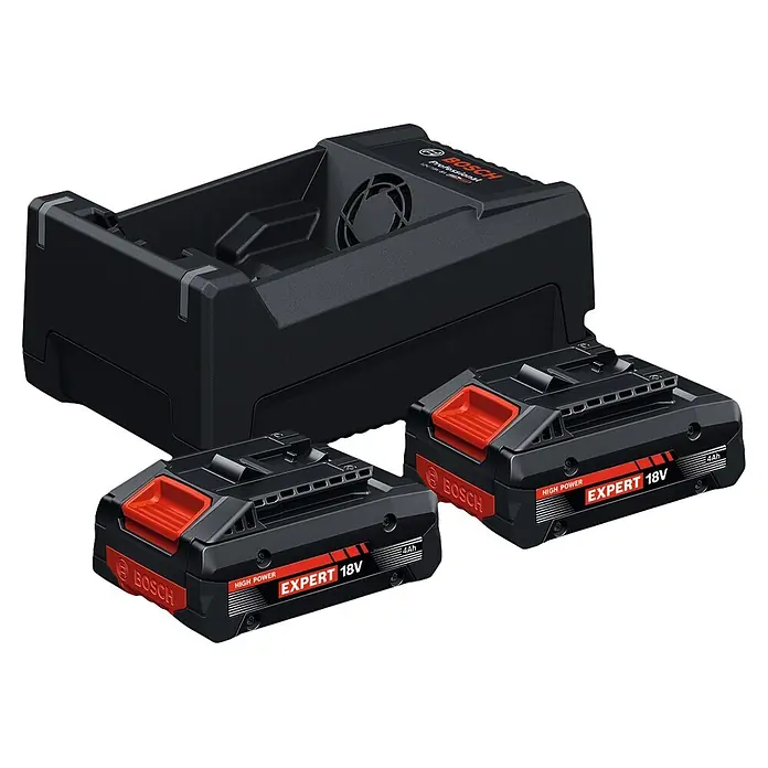Bosch Professional AMPShare 18V Akku & Ladegerät Starter-Set 2x EXBA18V-40 + GAL 12V/18V-80 - 18 V, 2 Akkus, 4 Ah - Schwarzes Bosch Professional Akkuladegerät mit zwei schwarzen und roten Bosch 18V EXPERT 4Ah Hochleistungsakkus.