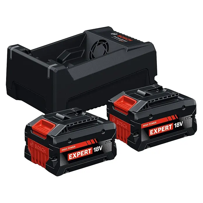 Bosch Professional AMPShare 18V Akku & Ladegerät Starter-Set Expert 2x EXBA18V-55 + GAL12V/18V-80 - 18 V, 2 Akkus, 5,5 Ah - Schwarzes Bosch Professional Ladegerät mit zwei schwarzen und roten Bosch 18V Expert 5.5Ah High Power Akkus.
