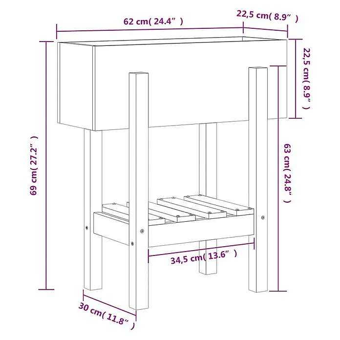 Furnicato Kräuterhochbeet Massives Kiefernholz - L x B x H: 30 x 62 x 69 cm, Material: Holz - Erhöhtes Pflanzgefäß mit unterer Ablage, Maße angezeigt.