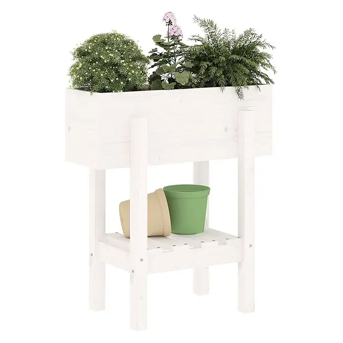 Furnicato Kräuterhochbeet Massives Kiefernholz - L x B x H: 30 x 62 x 69 cm, Material: Holz - Weißes Hochbeet aus Holz mit Pflanzen und einer unteren Lattenablage für Töpfe.