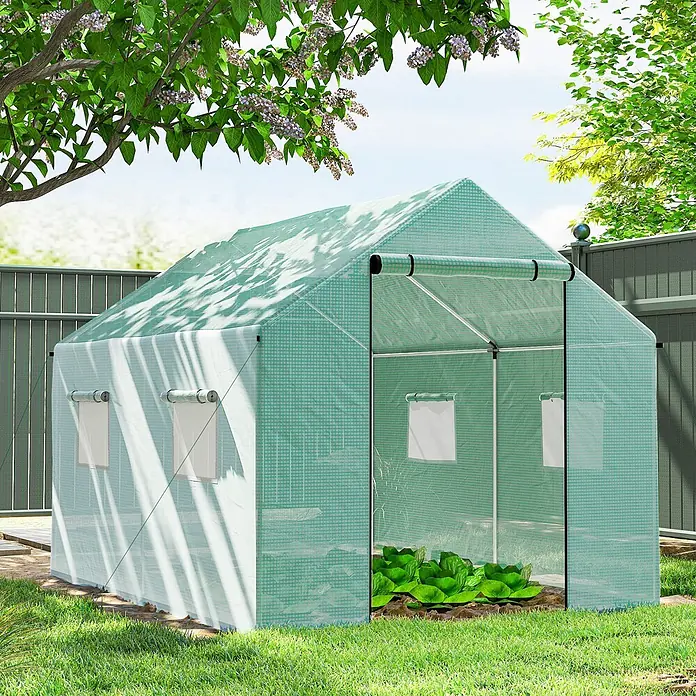 Furnicato Gewächshaus Verzinkter Stahl - 200 x 300 cm, Material Seitenwand: Stahl, 14 mm, Grau - Grünes begehbares Gewächshaus mit Rolltür und Seitenfenstern, im sonnigen Garten mit Pflanzen.