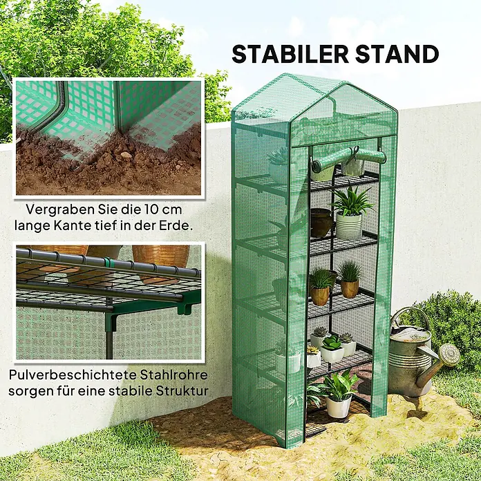 Outsunny Gewächshaus - Außenmaß inkl. Dachüberstand (B x T): 69 x 49 cm, Material Seitenwand: Kunststoff, 0,3 mm, Schwarz - Grünes, transluzentes Gewächshaus mit Ablagen für Pflanzen. Pulverbeschichtete Stahlrohre und eingrabbarer Rand sorgen für Stabilität.