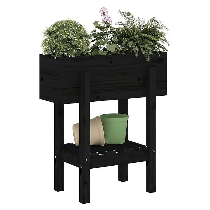 Furnicato Kräuterhochbeet Kiefernholz - L x B x H: 30 x 62 x 69 cm, Material: Holz - Schwarzes Holz-Hochbeet mit Pflanzen und einer unteren Ablage für zwei leere Töpfe.