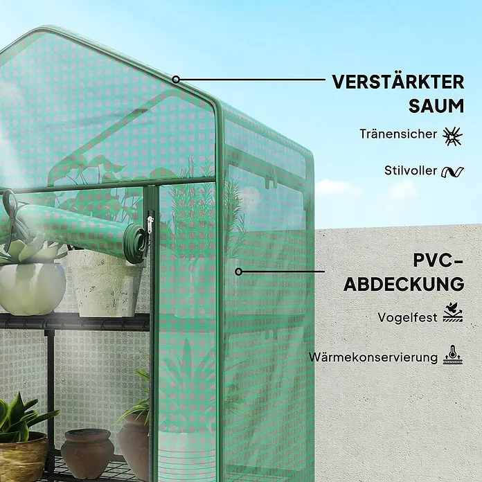 Outsunny Gewächshaus - Außenmaß inkl. Dachüberstand (B x T): 69 x 49 cm, Material Seitenwand: Kunststoff, 0,3 mm, Schwarz - Grünes begehbares Gewächshaus mit karierter PVC-Abdeckung, verstärktem Saum und Regalen für Pflanzen.