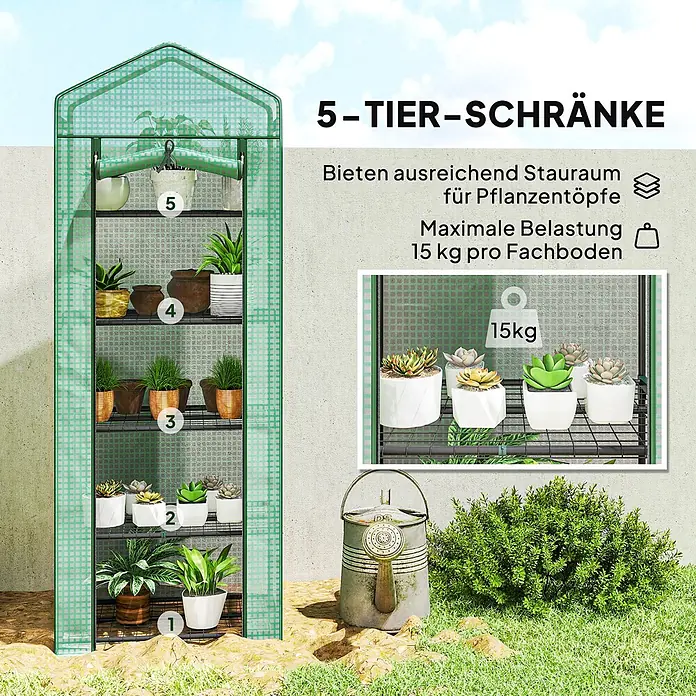 Outsunny Gewächshaus - Außenmaß inkl. Dachüberstand (B x T): 69 x 49 cm, Material Seitenwand: Kunststoff, 0,3 mm, Schwarz - Grünes 5-stöckiges Mini-Gewächshaus mit Regalen voller Topfpflanzen, ideal für Garten und Balkon.