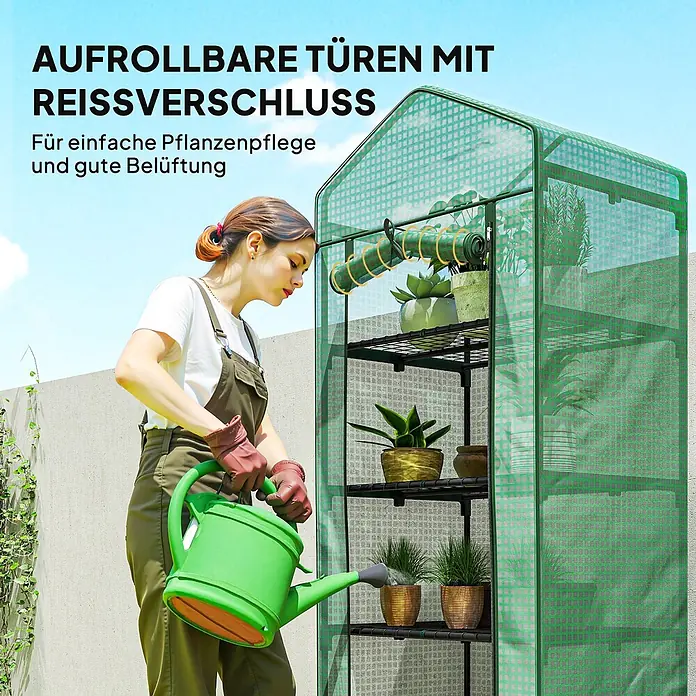 Outsunny Gewächshaus - Außenmaß inkl. Dachüberstand (B x T): 69 x 49 cm, Material Seitenwand: Kunststoff, 0,3 mm, Schwarz - Grünes Gewächshaus mit aufrollbaren Reißverschlusstüren und Regalen, von einer Frau zur Pflanzenpflege genutzt, ermöglicht gute Belüftung.
