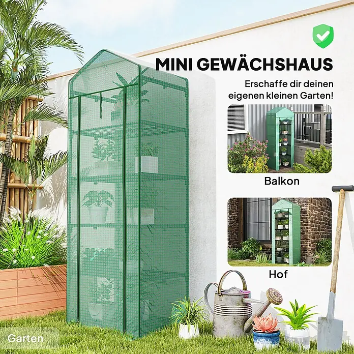 Outsunny Gewächshaus - Außenmaß inkl. Dachüberstand (B x T): 69 x 49 cm, Material Seitenwand: Kunststoff, 0,3 mm, Schwarz - Grünes mehrstöckiges Mini-Gewächshaus, ideal für den Pflanzenanbau in Garten, Balkon oder Hof.