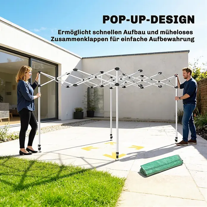 Furnicato Gewächshaus - 295 x 295 cm, Material Seitenwand: Metall, 14 mm, Grün - Zwei Personen stellen ein silbernes Pop-up-Pavillon-Gestell im Freien auf; eine gefaltete grüne Plane liegt daneben.