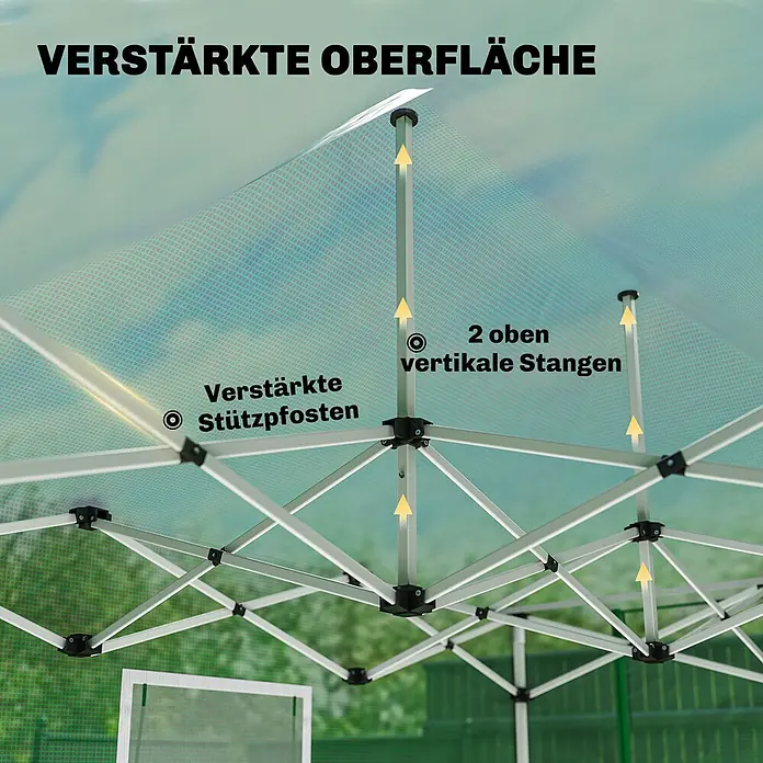 Furnicato Gewächshaus - 295 x 295 cm, Material Seitenwand: Metall, 14 mm, Grün - Verstärktes Zelt-/Pavillongestell mit durchscheinendem, grünem Vordach. Zeigt robuste Stützpfosten und zwei obere vertikale Stangen für Stabilität.