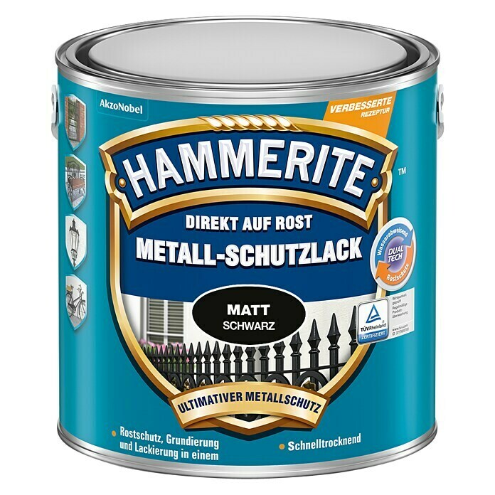 Hammerite Metall-Schutzlack (Schwarz, 1 l, Matt, Lösemittelhaltig)