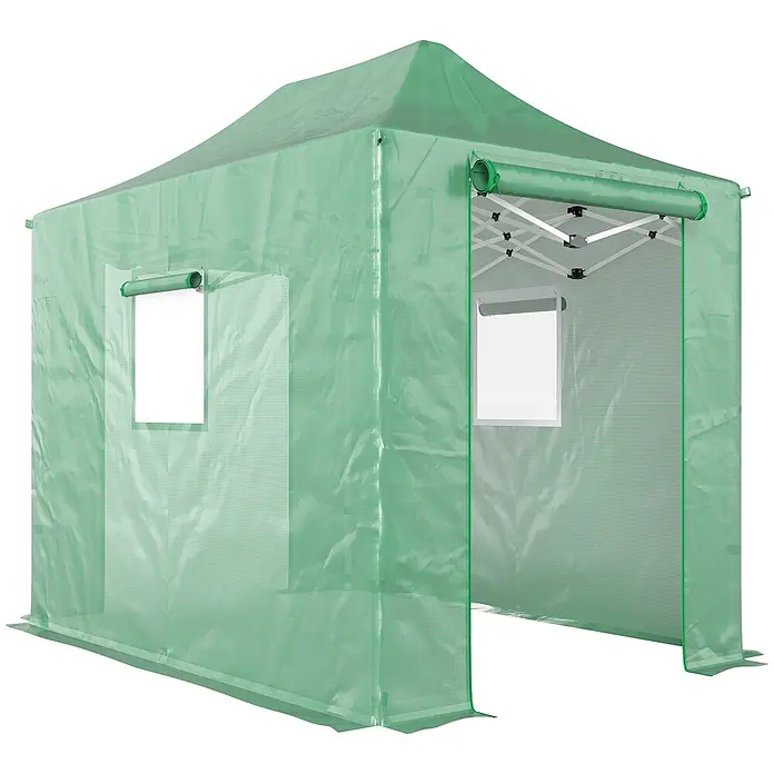 Furnicato Gewächshaus - 295 x 295 cm, Material Seitenwand: Metall, 14 mm, Grün - Grünes, durchscheinendes Gewächshauszelt mit aufrollbarem Fenster und offenem Eingang, verstärkt mit Polyethylenabdeckung.