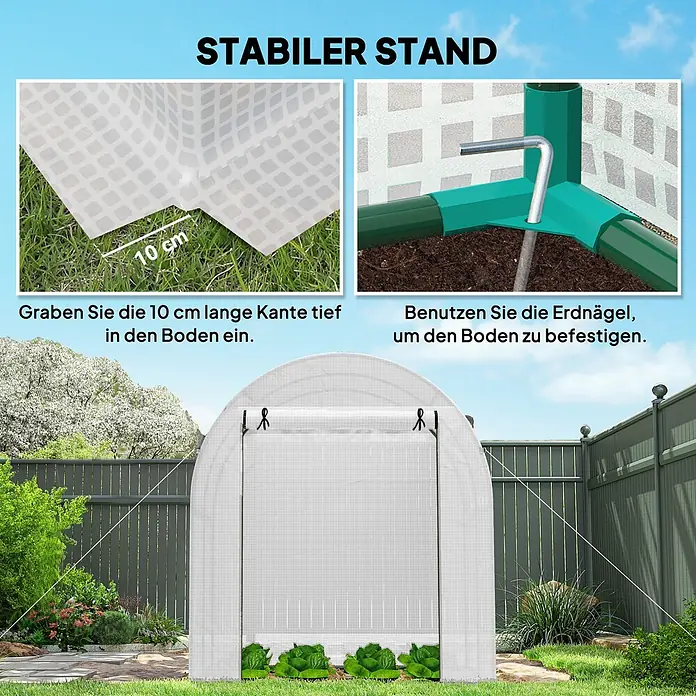 Outsunny Gewächshaus - 180 x 180 cm, Material Seitenwand: Kunststoff, 0,3 mm, Weiß - Weißes Gittertunnel-Gewächshaus, mit 10cm Eingrabkante und Erdnägeln zur stabilen Befestigung am Boden.