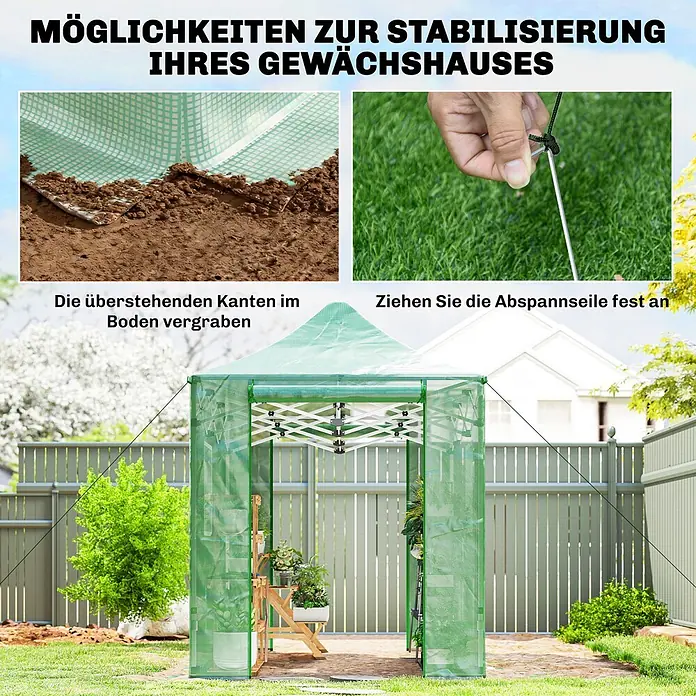 Furnicato Gewächshaus - 295 x 295 cm, Material Seitenwand: Metall, 14 mm, Grün - Grünes Gewächshaus mit zwei Stabilisierungsmethoden: Stoffkanten in Erde vergraben und Abspannseile mit Heringen befestigen.