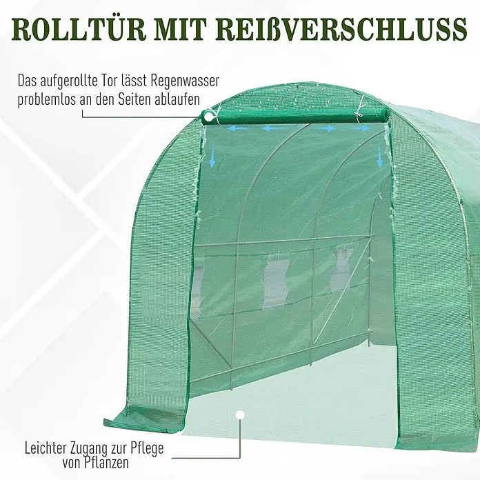 Furnicato Gewächshaus - 200 x 445 cm, Material Seitenwand: Stahl, 14 mm, Grün - Grünes Gewächshauszelt mit aufrollbarer Reißverschlusstür, zeigt Wasserablauf und einfachen Zugang für Pflanzenpflege.