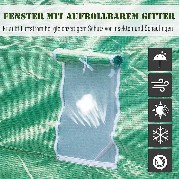 Furnicato Gewächshaus - 200 x 445 cm, Material Seitenwand: Stahl, 14 mm, Grün - Aufrollbares Netzfenster an einer Gewächshausabdeckung, offen gezeigt für Belüftung und Schädlingsschutz.