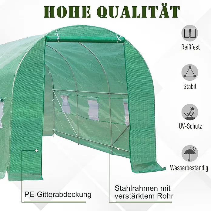 Furnicato Gewächshaus - 200 x 445 cm, Material Seitenwand: Stahl, 14 mm, Grün - Grünes Netz-Gewächshaus mit verstärktem Stahlrahmen, reißfest, UV-beständig und wasserdicht.