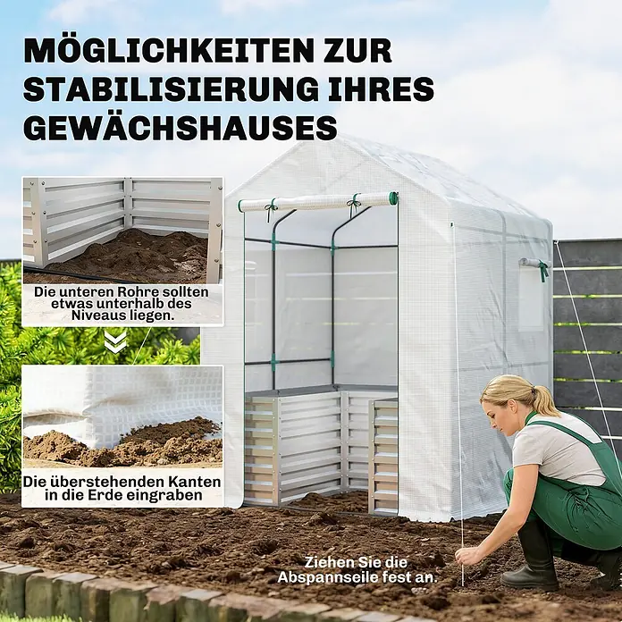Furnicato Gewächshaus - 141 x 190 cm, Material Seitenwand: Stahl, 14 mm, weiß - Gewächshaus im Garten mit Stabilisierungsmethoden: Bodenkanten eingraben, Abspannseile sichern und untere Rohre vergraben. Eine Frau zieht ein Seil fest.