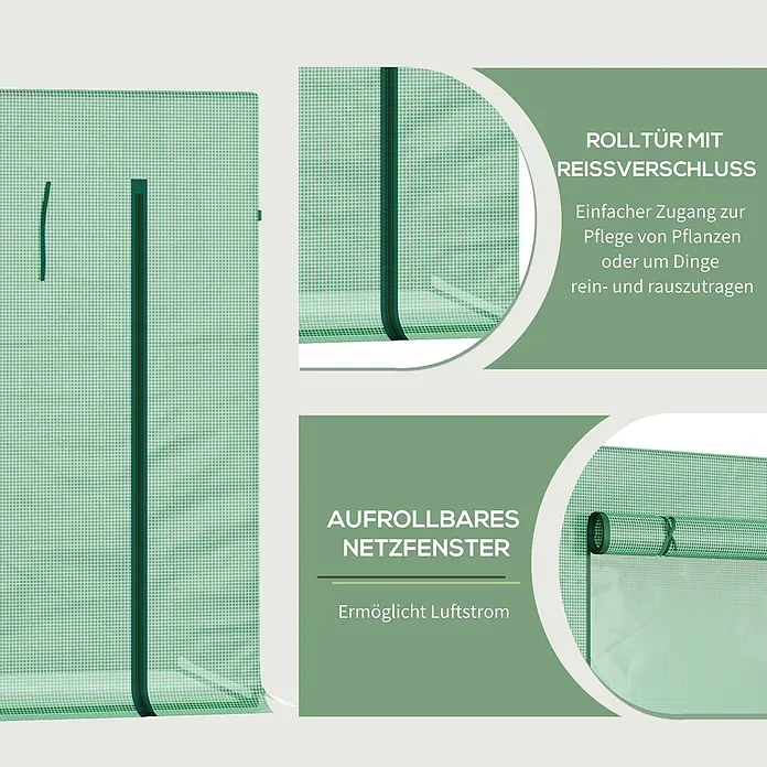 Outsunny Gewächshaus - 200 x 76 cm, Material Seitenwand: Kunststoff, 0,3 mm, Dunkelgrün - Grünes, kariertes Gewächshaus mit Rolltür und Reißverschluss für einfachen Zugang und aufrollbarem Netzfenster für Luftstrom.