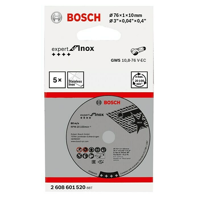 Bosch Professional Disco de corte (Diámetro disco: 76 mm, Espesor disco: 1 mm, Apto para: Acero inoxidable, Específico para: Amoladora batería Bosch Professional GWS 12V-76)