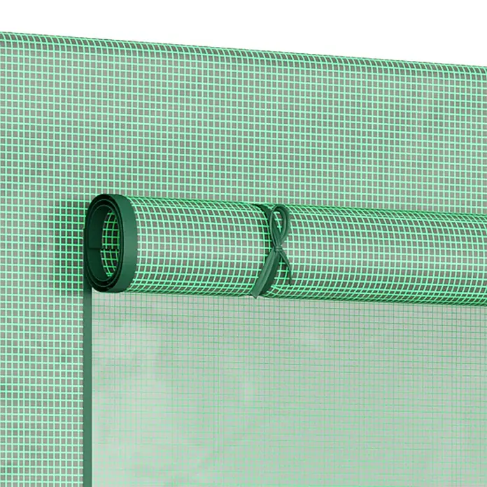 Outsunny Gewächshaus - 200 x 76 cm, Material Seitenwand: Kunststoff, 0,3 mm, Dunkelgrün - Transparente Gewächshausfolie mit grünem Gittermuster, aufgerollt und mit Band gebunden. Ein Teil ist abgerollt.