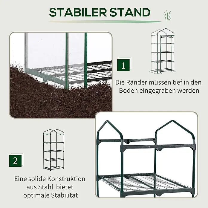 Outsunny Gewächshaus - 70 x 50 cm, Material Seitenwand: Kunststoff, 0,3 mm, Dunkelgrau - Grünes Stahlregal für Gewächshaus, mit Gitterböden. Robuste Konstruktion für stabilen Stand im Boden.