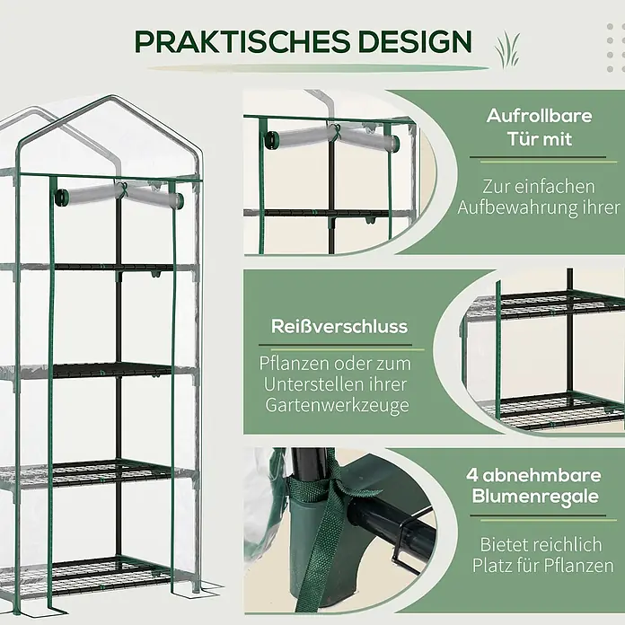 Outsunny Gewächshaus - 70 x 50 cm, Material Seitenwand: Kunststoff, 0,3 mm, Dunkelgrau - Grünes Mini-Gewächshaus mit transparenter Abdeckung, aufrollbarer Reißverschlusstür und vier herausnehmbaren Gitterregalen für Pflanzen.