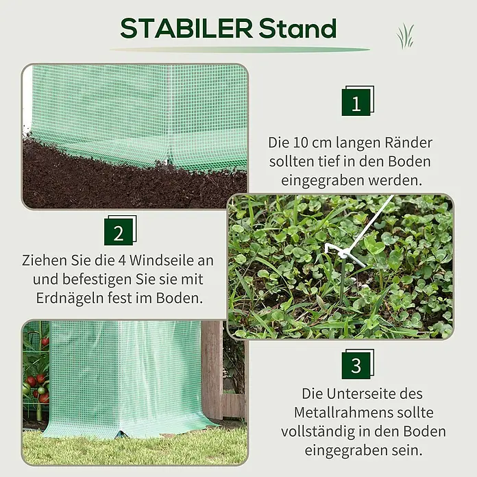 Outsunny Gewächshaus - 200 x 76 cm, Material Seitenwand: Kunststoff, 0,3 mm, Dunkelgrün - Anleitung zur Stabilisierung eines Gewächshauses: Grüne Abdeckung und Metallrahmen in Erde eingraben, sowie Abspannseile mit Erdnägeln sichern.