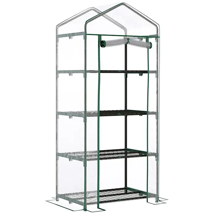 Furnicato Gewächshaus pulverbeschichtet - 70 x 160 cm, Material Seitenwand: Metall, 14 mm, Grün - Kleines transparentes Gewächshaus mit grünem Rahmen und vier Gitterablagen für Pflanzen.