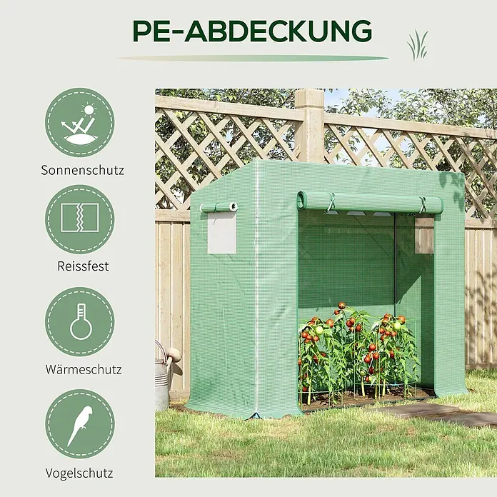 Outsunny Gewächshaus - 200 x 76 cm, Material Seitenwand: Kunststoff, 0,3 mm, Dunkelgrün - Grünes PE-Gewächshaus im Garten, das eine schützende Umgebung für den Anbau von Pflanzen wie Tomaten bietet.