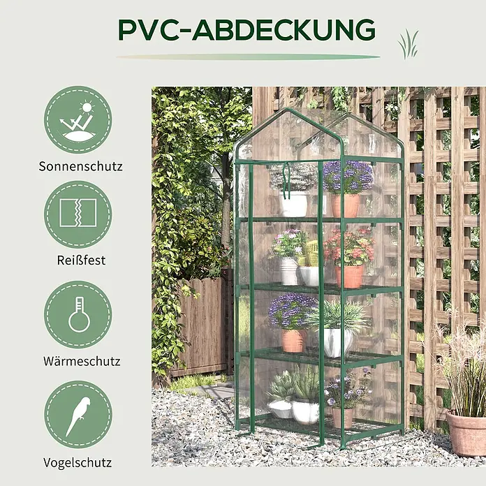 Outsunny Gewächshaus - 70 x 50 cm, Material Seitenwand: Kunststoff, 0,3 mm, Dunkelgrau - Grünes PVC-Minigewächshaus mit Regalen voller Topfpflanzen im Garten.