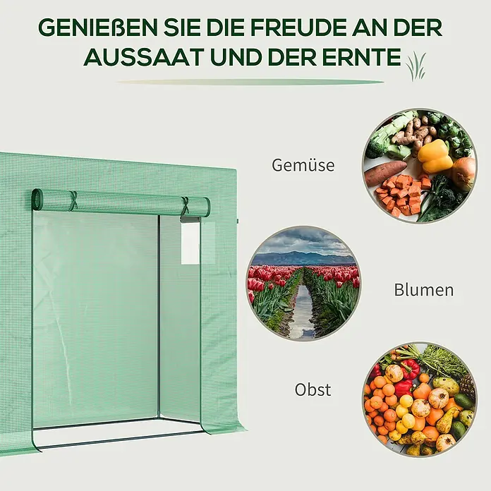 Outsunny Gewächshaus - 200 x 76 cm, Material Seitenwand: Kunststoff, 0,3 mm, Dunkelgrün - Grünes begehbares Gewächshaus mit Rolltür, ideal für den Pflanzenanbau und Gartenarbeit.