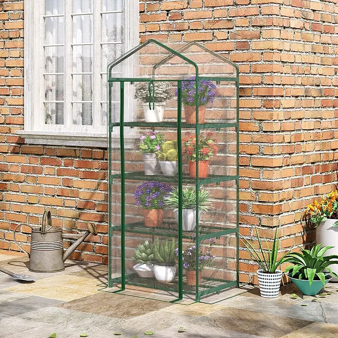 Outsunny Gewächshaus - 70 x 50 cm, Material Seitenwand: Kunststoff, 0,3 mm, Dunkelgrau - Ein grünes, mehrstöckiges Mini-Gewächshaus mit transparenter Kunststoffabdeckung, gefüllt mit verschiedenen Topfpflanzen.