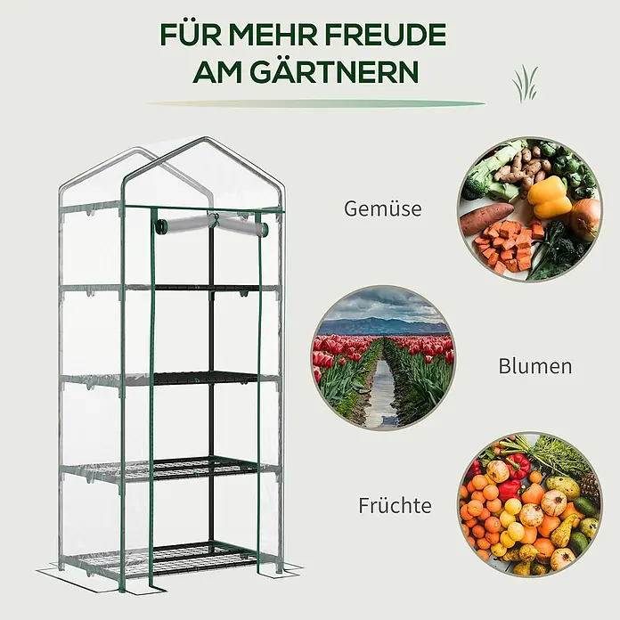 Outsunny Gewächshaus - 70 x 50 cm, Material Seitenwand: Kunststoff, 0,3 mm, Dunkelgrau - Grün-transparentes Mini-Gewächshaus mit mehreren Regalböden für den Pflanzenanbau.