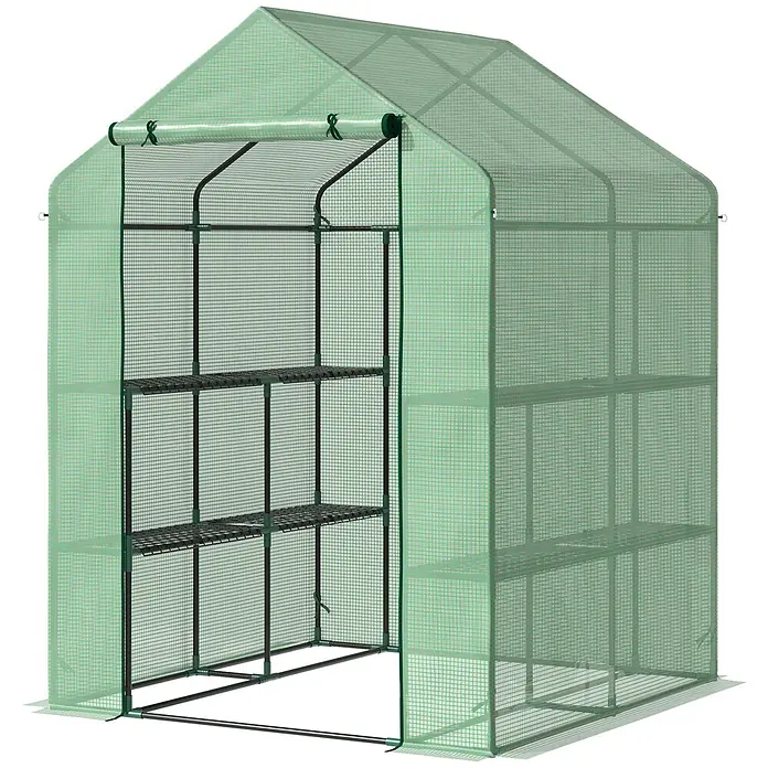 Outsunny Gewächshaus - 143 x 138 cm, 4 mm, Schwarz - Grünes begehbares Gewächshaus mit Rolltür und mehreren schwarzen Regalen für Pflanzen.