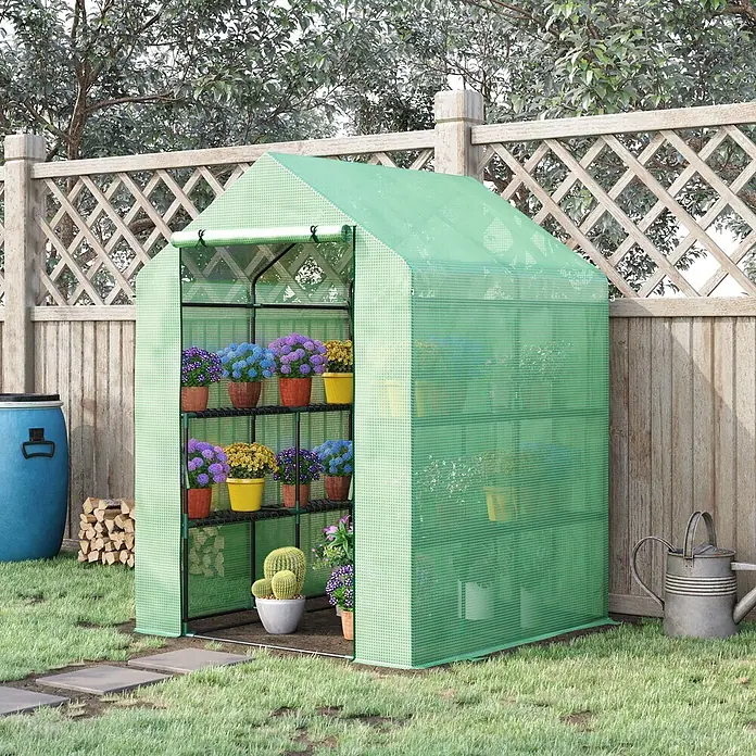 Outsunny Gewächshaus - 143 x 138 cm, 4 mm, Schwarz - Grünes Netzgewebe-Gewächshaus mit Roll-up-Tür, zeigt Topfpflanzen auf Regalen im Garten.