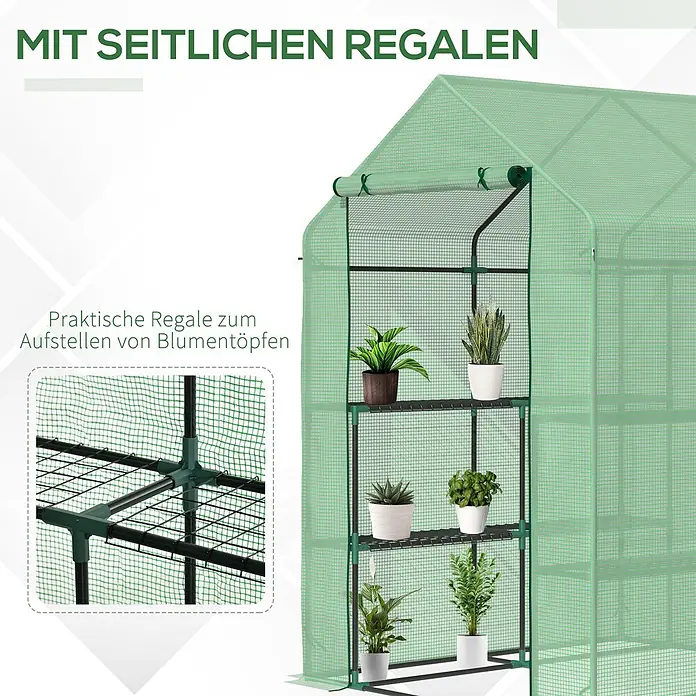 Outsunny Gewächshaus - 143 x 138 cm, 4 mm, Schwarz - Grünes Gewächshaus mit lichtdurchlässiger Gitterfolie und praktischen Seitenregalen für Topfpflanzen.