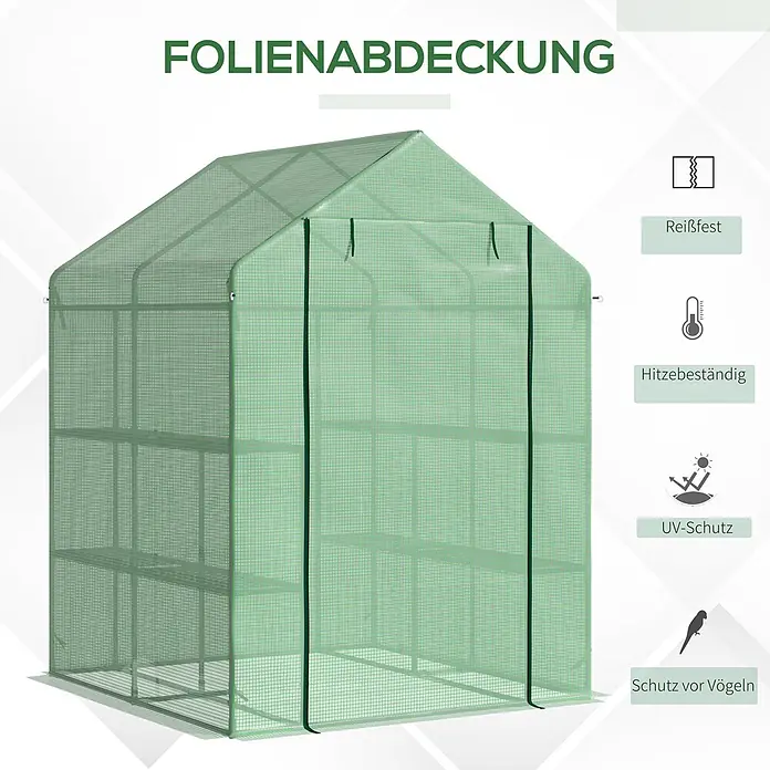Outsunny Gewächshaus - 143 x 138 cm, 4 mm, Schwarz - Grünes Gewächshaus mit lichtdurchlässiger Folienabdeckung und Innenregalen zum Schutz von Pflanzen.