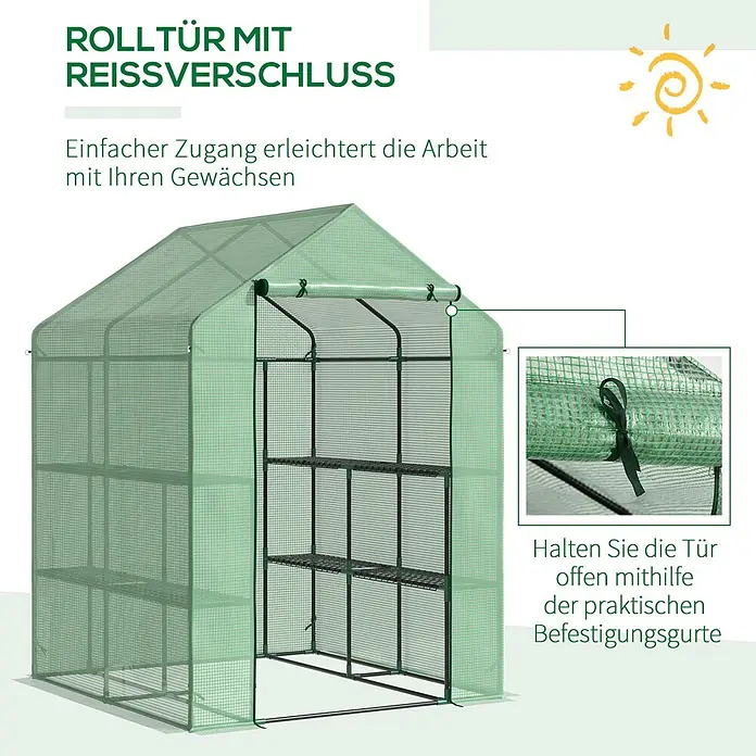 Outsunny Gewächshaus - 143 x 138 cm, 4 mm, Schwarz - Ein grünes Gewächshaus mit aufrollbarer Reißverschlusstür und Regalen, die Tür kann mit Gurten offen gehalten werden.