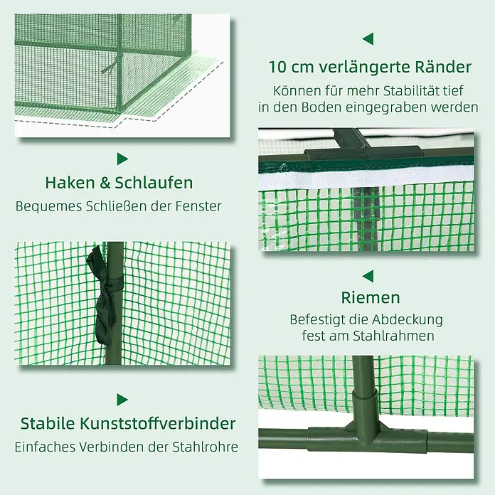 Furnicato Gewächshaus - 90 x 180 cm, Material Seitenwand: Metall, 14 mm, silber - Grüne Gewächshausplane mit Gurten, Kunststoffverbindern, Klettverschlüssen und verlängerten Rändern zur Bodenverankerung.