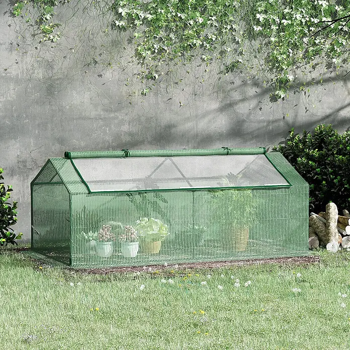 Furnicato Gewächshaus - 90 x 180 cm, Material Seitenwand: Metall, 14 mm, silber - Grünes Netz-Minigewächshaus mit durchsichtigen Fenstern, schützt Topfpflanzen auf Gras.