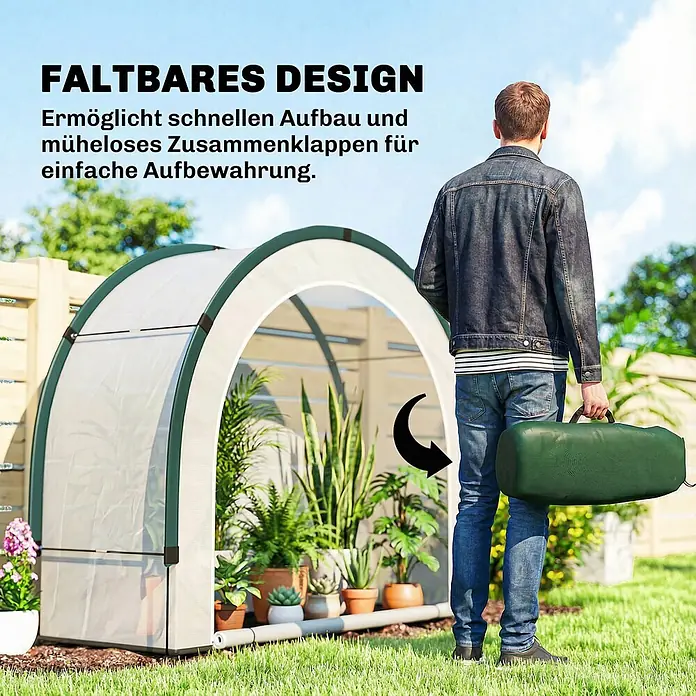 Outsunny Gewächshaus - Außenmaß inkl. Dachüberstand (B x T): 200 x 80 cm, Material Seitenwand: Kunststoff, 0,3 mm, Dunkelgrün - Grün-weißes faltbares Gewächshaus im Garten, eine Person trägt die kompakte Form, was einfachen Aufbau und Lagerung hervorhebt.