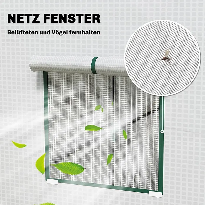 Furnicato Gewächshaus - 77 x 196 cm, Material Seitenwand: Stahl, 14 mm, weiß - Grün gerahmtes Netzfenster mit Rollabdeckung, zur Belüftung und zum Schutz vor Insekten und Vögeln. Feines Netzdetail sichtbar.