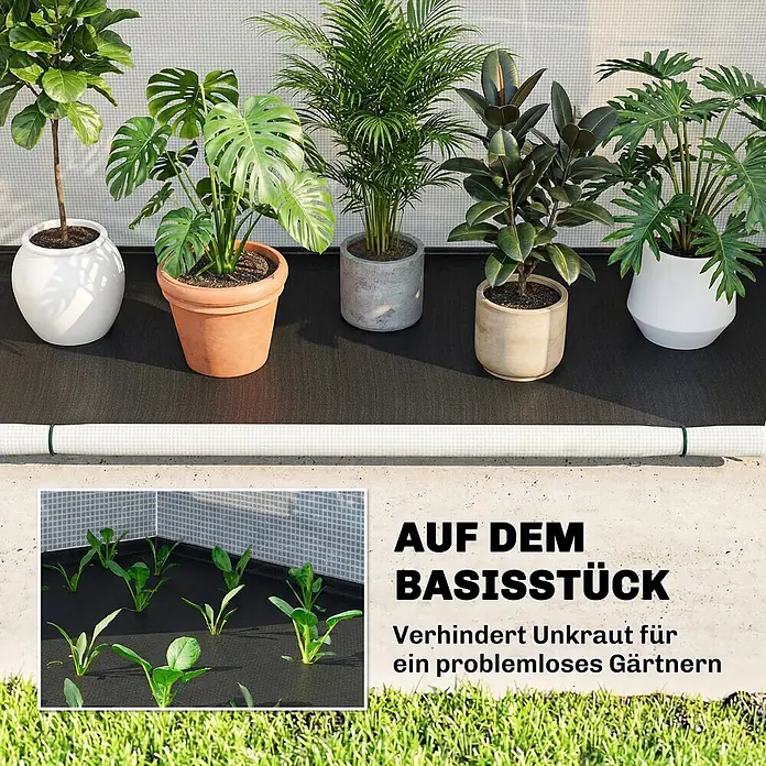 Outsunny Gewächshaus - Außenmaß inkl. Dachüberstand (B x T): 200 x 80 cm, Material Seitenwand: Kunststoff, 0,3 mm, Dunkelgrün - Gerolltes weißes Unkrautvlies mit grünen Bändern, das Unkraut im Gartenbeet verhindert.