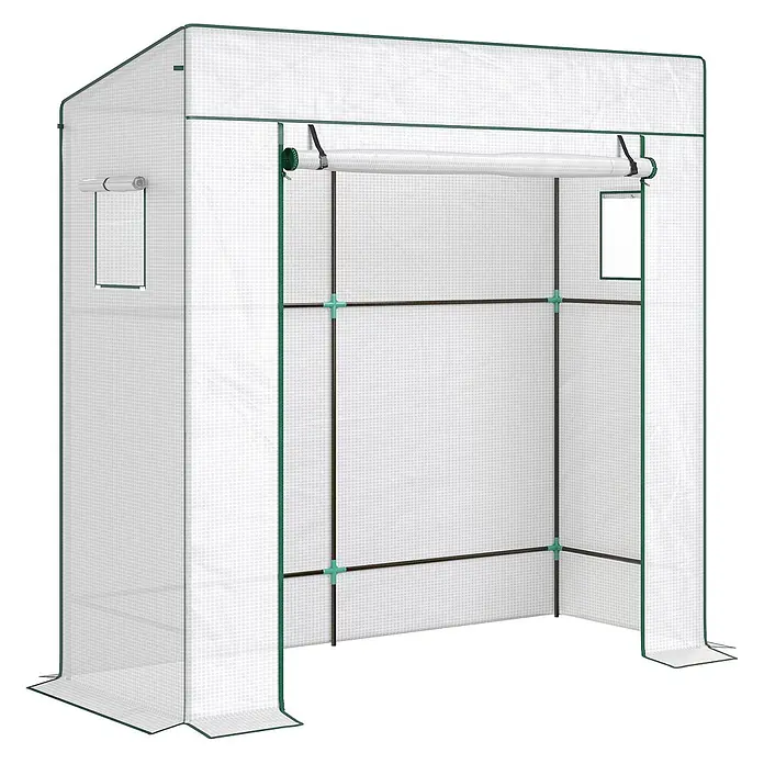 Furnicato Gewächshaus - 77 x 196 cm, Material Seitenwand: Stahl, 14 mm, weiß - Weißes tragbares begehbares Gewächshaus mit Gittermuster, grünem Besatz, Rolltür und Seitenfenstern.