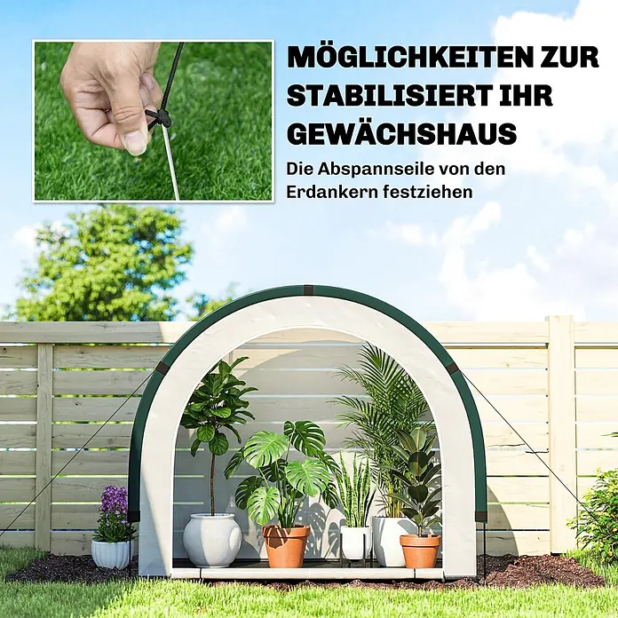 Outsunny Gewächshaus - Außenmaß inkl. Dachüberstand (B x T): 200 x 80 cm, Material Seitenwand: Kunststoff, 0,3 mm, Dunkelgrün - Kleines Gewächshaus mit grünem Rahmen und weißer Abdeckung, im Garten mit Abspannseilen und Erdankern stabilisiert.