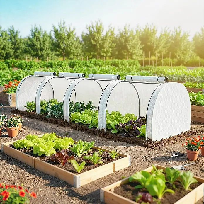 Outsunny Gewächshaus - Außenmaß inkl. Dachüberstand (B x T): 395 x 100 cm, Material Seitenwand: Kunststoff, 0,3 mm, Grün - Drei weiße Mini-Tunnelgewächshäuser aus Netzgewebe, die grüne Pflanzen im Garten bedecken. Sie verfügen über aufrollbare Lüftungen.